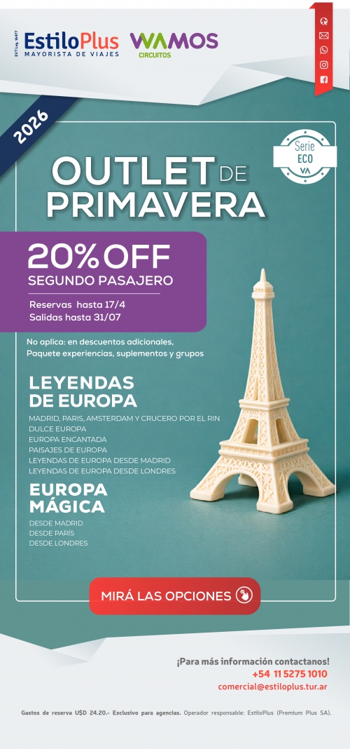 OUTLET DE PRIMAVERA: 20% EL SEGUNDO PASAJERO 